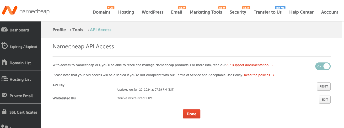 Namecheap Enable API