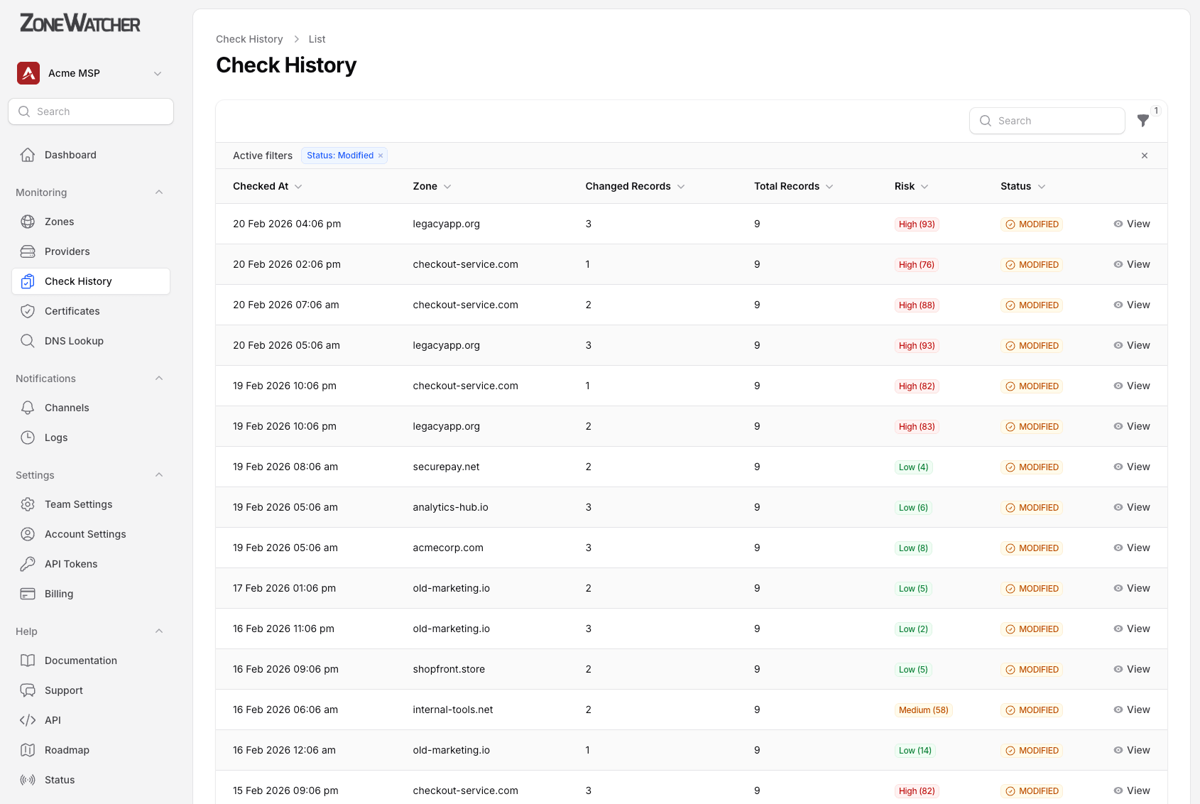 Domain Change History