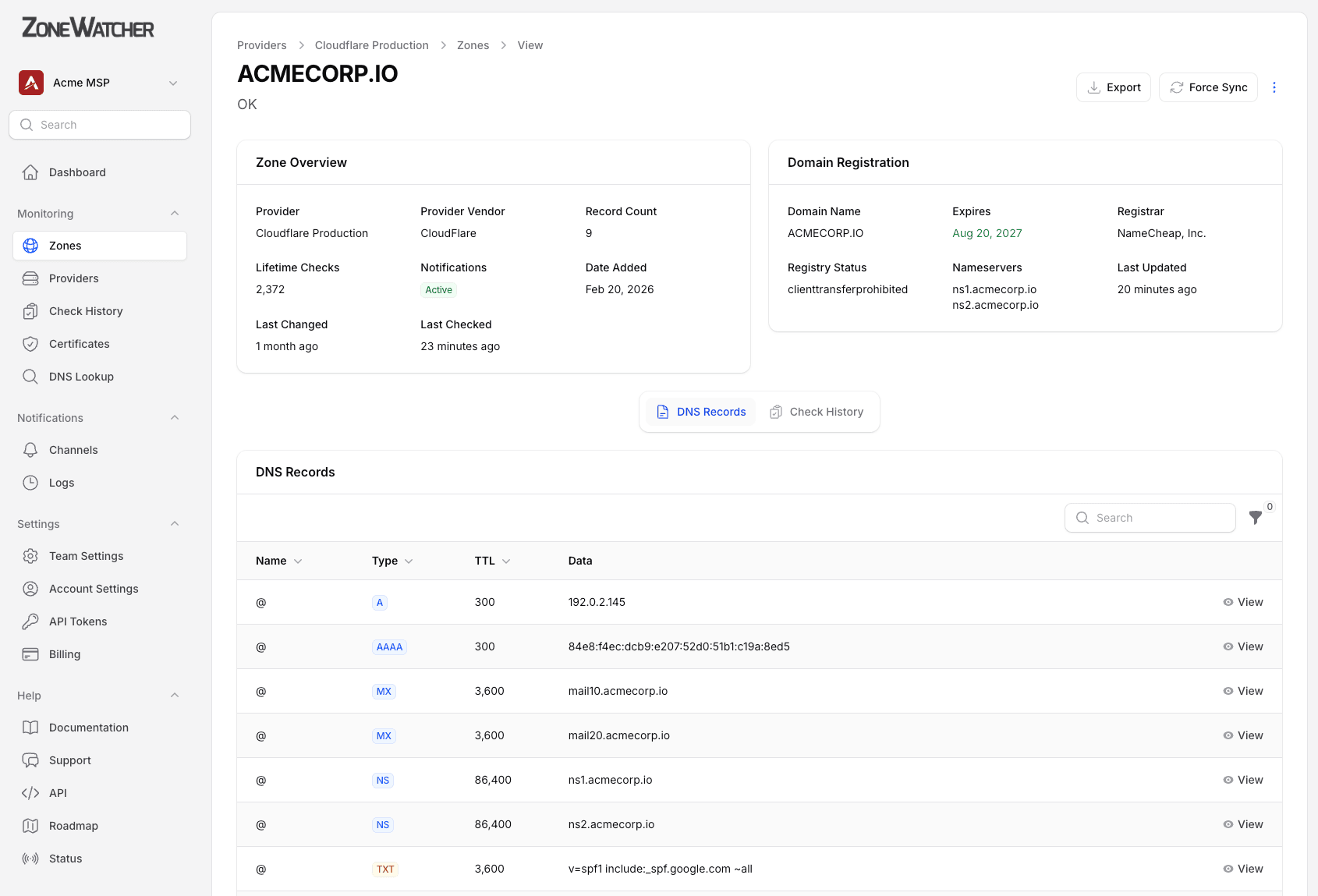 ZoneWatcher Domain Overview Screenshot